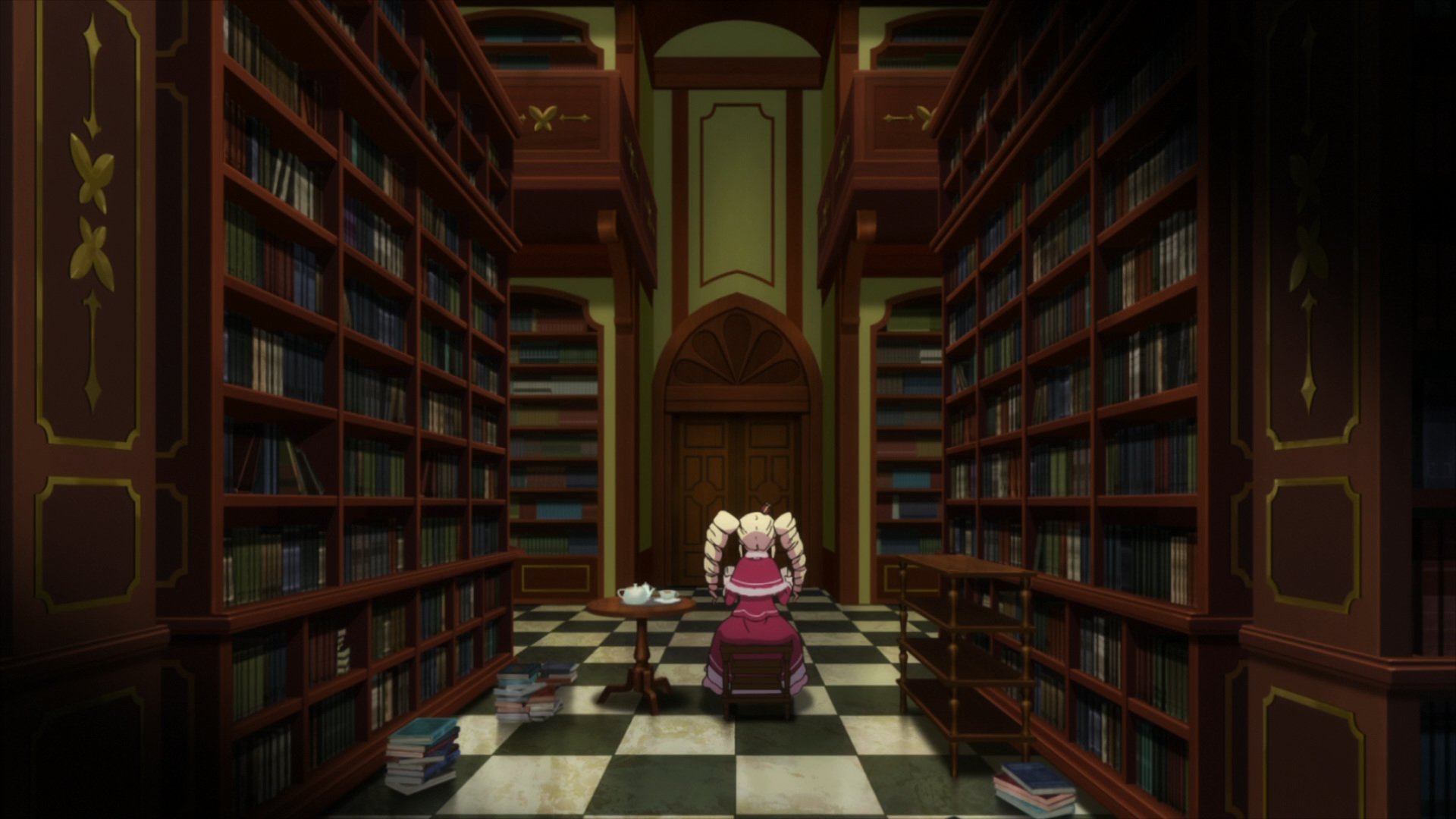 Biblioteca Proibida de Beatrice em Re:Zero com estantes mágicas