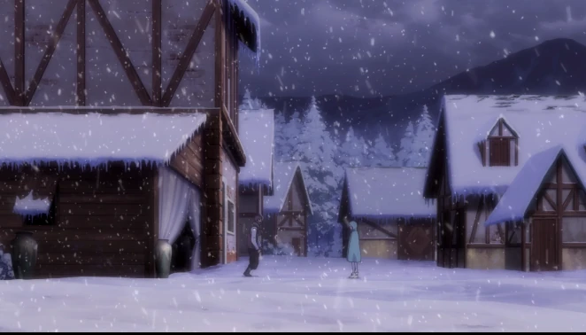 Floresta de Elior coberta de neve em Re:Zero
