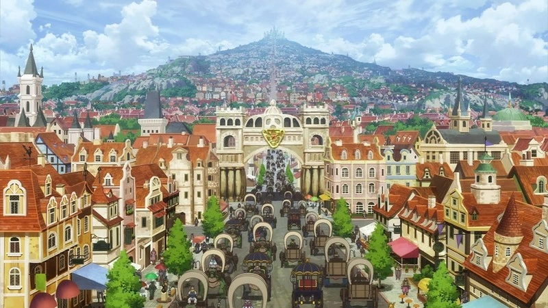 Capital de Lugnica em Re:Zero com castelo ao fundo