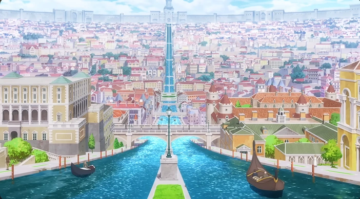 Cidade aquática de Priestella em Re:Zero com canais iluminados